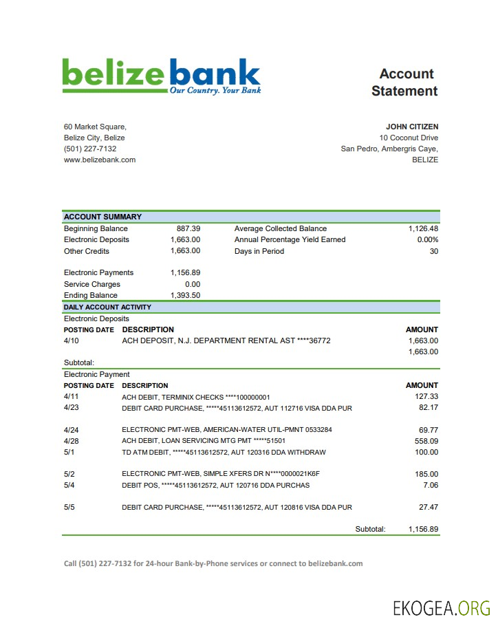 Relevé bancaire Belize Belizebank, modèle facile à remplir au format de fichier .xls et .pdf